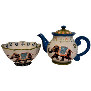 Dutch Wax Anthropologie Ceramic Teapot Floral Elephant with Soup Bowl Embossed